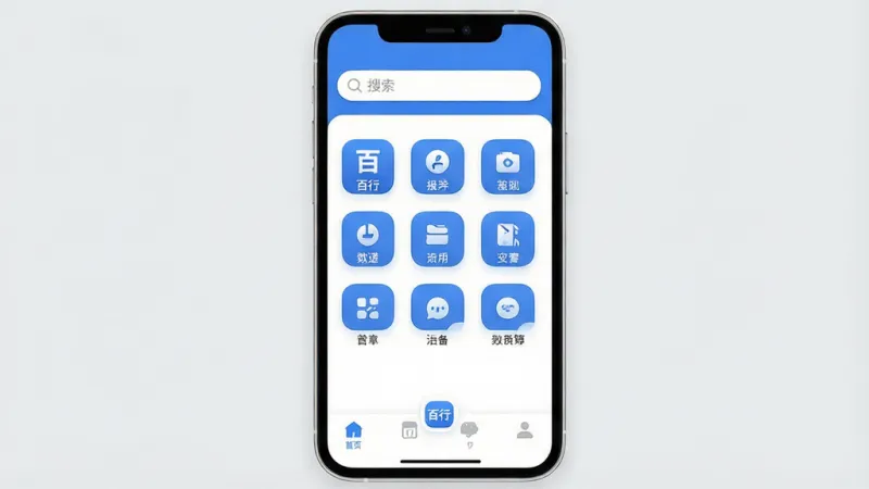 一张手机屏幕展示图,画面中央是“百行”应用的主界面,整体布局简洁清爽,顶部有搜索栏,中间是功能图标矩阵,底部是导航栏,风格现代扁平化,配色以蓝白为主,细节圆润,画质干净无多余元素,背景为浅灰色,突出应用界面本身。