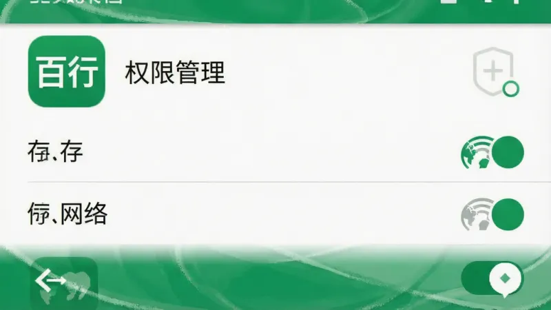 一张手机安全中心界面的示意图,画面中“百行”应用图标旁显示“权限管理”字样,下方列出已获取的权限为“存储”和“网络”,其他敏感权限均为关闭状态,界面风格为安卓原生设置风格,配色以白色和绿色为主,画质清晰,无杂乱元素。