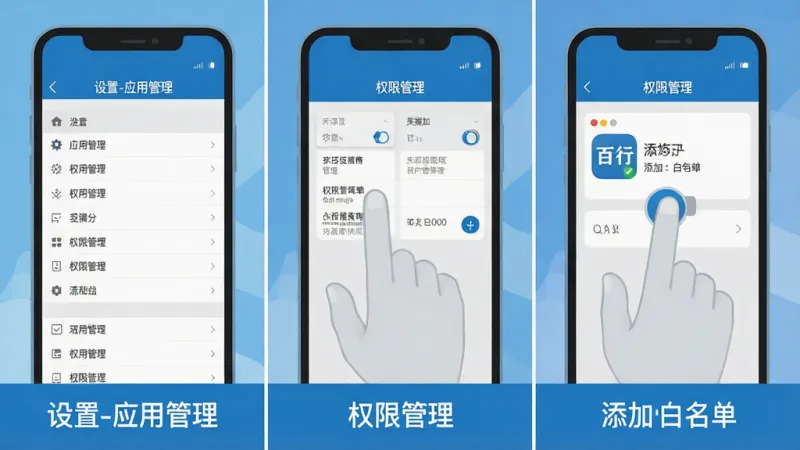 一张手机操作步骤示意图,画面分为三格,第一格显示“设置-应用管理”界面,第二格显示“权限管理”界面,第三格显示“百行”图标被添加至白名单,每格下方有简单中文标注,风格为扁平化教学插图,配色以蓝白灰为主,画质干净无杂乱元素。