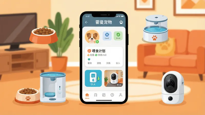 一张展示霍曼宠物App核心界面的插画，画面中央是一部手机，手机屏幕上显示着“霍曼宠物”App的主页，页面里有宠物头像、喂食计划卡片、饮水机状态图标和摄像头实时画面缩略图，手机周围散落着猫粮碗、饮水机、智能摄像头等宠物智能设备的小图标，背景是温馨的客厅一角，风格为扁平化矢量插画，细节圆润，色彩温暖明亮，画质干净无多余元素。