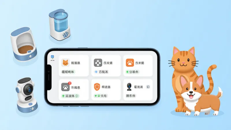 一张展示霍曼宠物App多设备管理界面的场景图，画面中一部手机横向展示，屏幕上排列着多个设备卡片，每个卡片上有设备图标和状态文字，手机左侧漂浮着智能喂食器、饮水机、摄像头等设备的三维小图标，右侧有一只橘猫和一只柯基犬的卡通形象，背景为浅蓝色渐变，风格为现代扁平化UI插画，布局清晰，细节简洁，画质干净无多余元素。