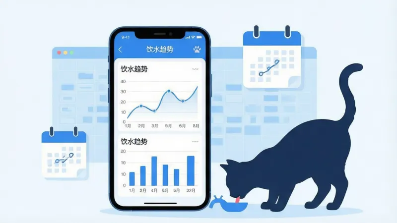 一张展示霍曼宠物App健康数据追踪功能的界面图，画面中央是一部手机，屏幕上显示着折线图和柱状图，图表标题为“饮水趋势”，手机旁边站着一只正在喝水的猫咪剪影，背景中有淡蓝色的数据网格和日历图标，风格为清爽的数据可视化插画，色彩以蓝白为主，细节干净，画质清晰无多余元素。