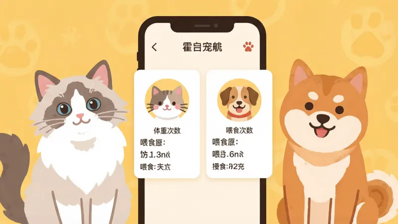 一张展示霍曼宠物App多宠物档案管理界面的插画，画面中一部手机屏幕上显示着两个宠物头像卡片，一个猫咪头像和一个狗狗头像，每个卡片下方有体重、喂食次数等简要数据，手机两侧分别有一只布偶猫和一只柴犬的卡通形象，背景为暖黄色调，风格为温馨可爱的扁平插画，布局对称，细节柔和，画质干净无多余元素。