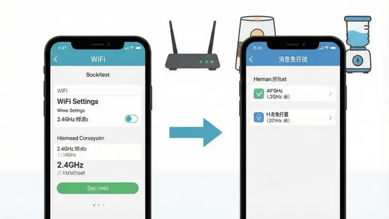 一张展示霍曼宠物App操作技巧的示意图，画面分为左右两部分，左侧是手机屏幕显示WiFi设置和2.4GHz频段选择界面，右侧是手机屏幕显示消息免打扰设置页面，中间用箭头连接，背景有路由器、智能喂食器和饮水机的简笔画图标，风格为扁平化教程插画，色彩清晰，细节简洁，画质干净无多余元素。