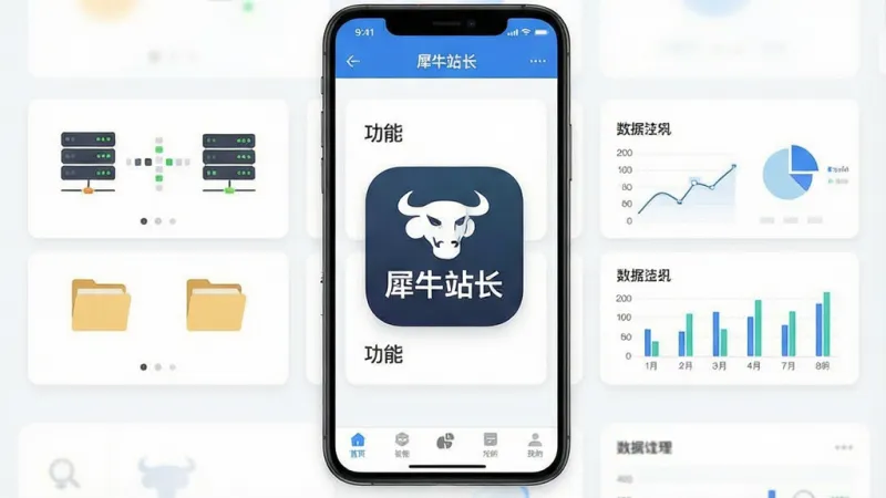一张手机应用主界面截图，画面中央展示“犀牛站长”应用图标和主界面，布局为顶部标题栏、中间功能卡片区、底部导航栏，排版简洁清晰，风格为现代扁平化科技风，细节包含服务器状态图标、文件管理图标、数据统计图表，画质高清干净，无多余元素