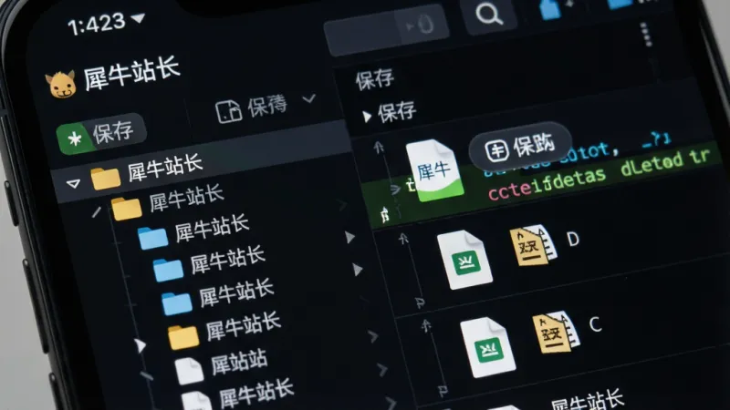 一张手机屏幕特写，画面主体为“犀牛站长”文件管理器界面，布局为左侧文件夹树形目录、右侧文件列表，排版为上下结构，风格为深色主题代码编辑器风格，细节包含高亮代码行、保存按钮、文件类型图标，画质清晰锐利，无多余元素