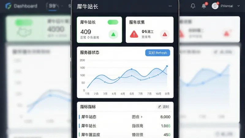 一张手机应用数据监控页面，画面主体为“犀牛站长”服务器状态面板，布局为上方概览卡片、中间折线图、下方指标列表，排版为纵向滚动结构，风格为数据可视化仪表盘风格，细节包含绿色正常状态指示灯、红色警告图标、实时刷新按钮，画质干净无噪点，无多余元素
