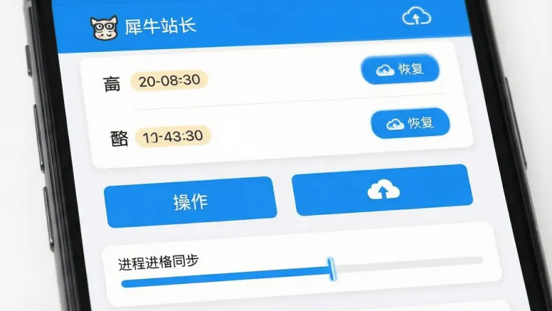 一张手机应用备份管理界面，画面主体为“犀牛站长”备份与恢复功能页，布局为上方备份列表、中间操作按钮、下方进度条，排版为卡片式列表，风格为清爽工具类应用风格，细节包含时间戳标签、恢复按钮、云朵同步图标，画质清晰明亮，无多余元素