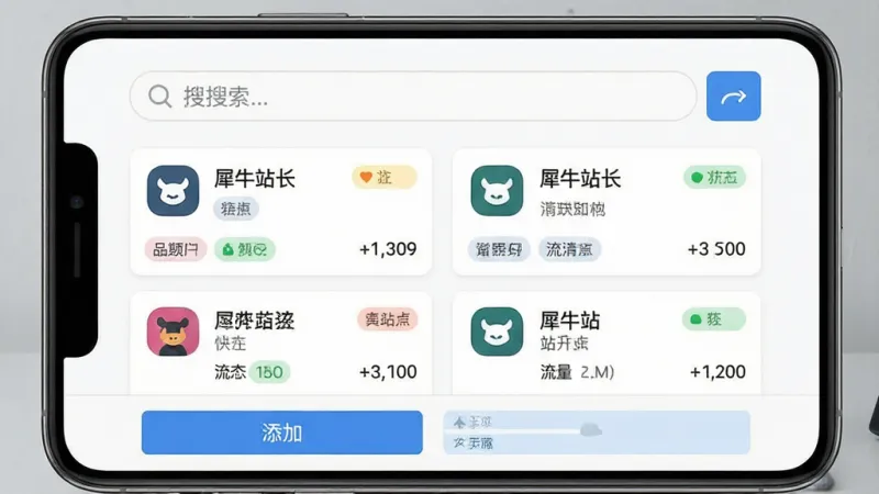 一张手机应用多站点管理界面，画面主体为“犀牛站长”站点列表页，布局为上方搜索栏、中间站点卡片、下方添加按钮，排版为双列网格布局，风格为轻量级管理工具风格，细节包含不同站点图标、状态标签、流量数值，画质干净无杂乱，无多余元素