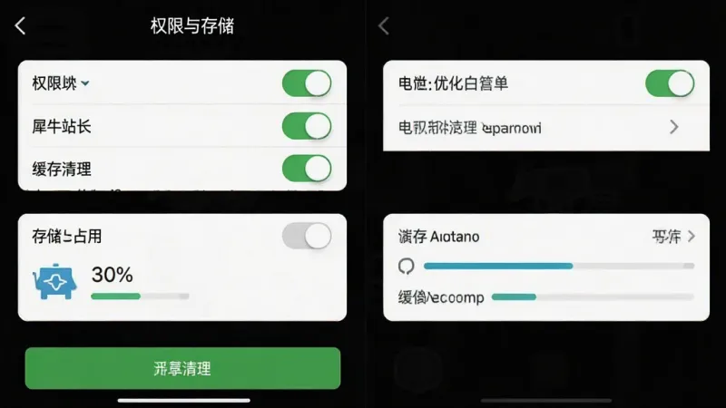 一张手机应用设置页面截图，画面主体为“犀牛站长”权限与存储设置界面，布局为上方权限开关列表、中间存储占用展示、下方清理按钮，排版为分组设置项，风格为系统设置类应用风格，细节包含电池优化白名单选项、缓存清理图标、存储空间进度条，画质干净整洁，无多余元素