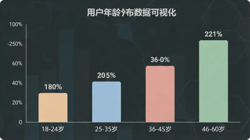 一张柱状图，画面主体为用户年龄分布数据可视化，布局为横轴年龄区间、纵轴人数占比，排版为四根柱子依次排列，风格为扁平化信息图表风格，细节包含“18-24岁”“25-35岁”“36-45岁”“46-60岁”标签、百分比数值、柔和配色，画质清晰无杂乱，无多余元素