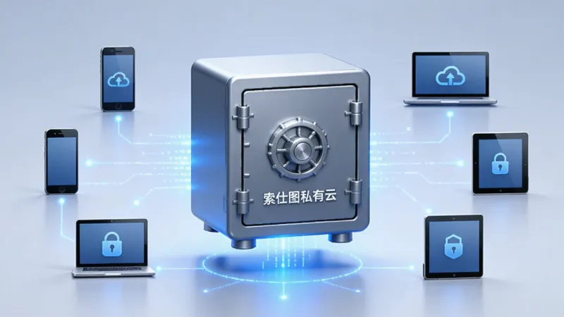一张体现“索仕图私有云”数据主权概念的AI生图,主体是一个发光的保险箱悬浮在家庭网络中心,保险箱周围环绕着手机、电脑、平板等设备图标,布局居中构图,排版对称,风格科技感与安全感并存,细节上保险箱带有“索仕图私有云”字样,画质清晰,干净,无多余元素