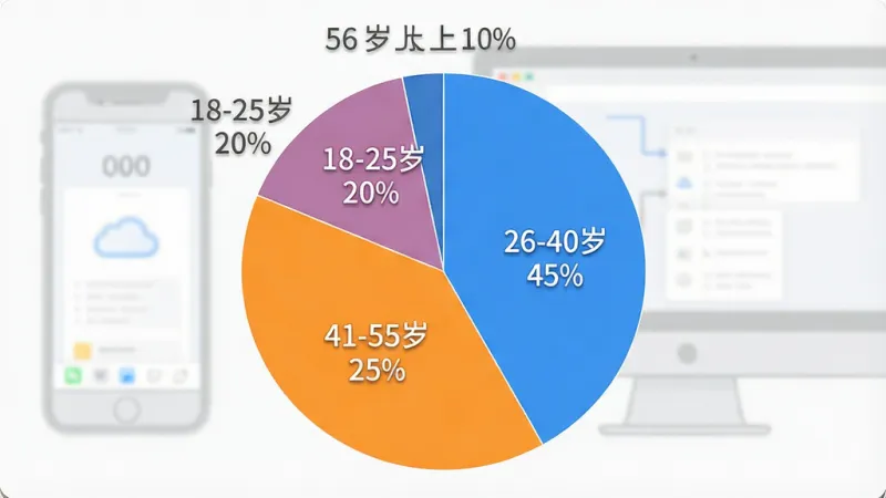 一张展示不同年龄段用户使用“索仕图私有云”场景的AI生图,主体是一个饼状图,图表分为四个扇形区域,分别标注“18-25岁 20%”、“26-40岁 45%”、“41-55岁 25%”、“56岁以上 10%”,布局居中,排版清晰,风格数据可视化,细节上饼图颜色区分明显,背景有隐约的手机和电脑轮廓,画质清晰,干净,无多余元素