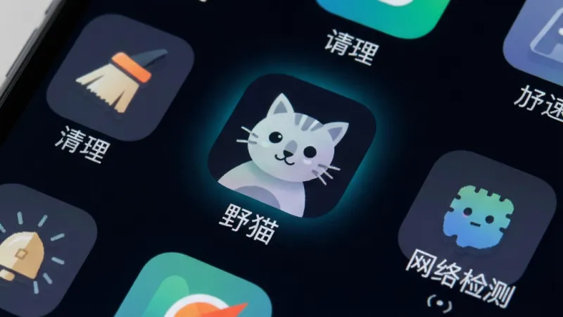 一张手机屏幕特写,画面中央是名为“野猫”的app图标,图标风格简洁,背景是深色系带一点霓虹光效,图标下方有“野猫”两个字,周围环绕着几个半透明的功能小图标,比如清理、加速、网络检测,整体布局是手机桌面的一角,风格现代扁平,细节干净利落,画质清晰,无多余元素