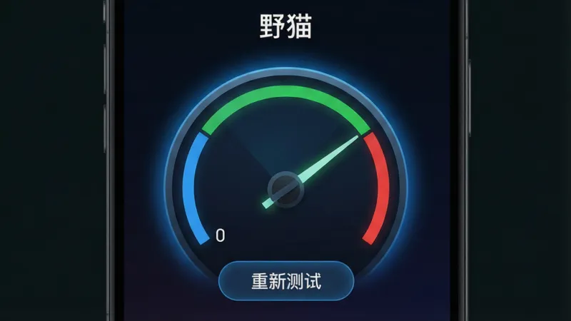 一张手机界面截图,顶部标题写着“野猫”,中间是一个圆形仪表盘显示网络延迟,指针指向绿色区域,下方有“重新测试”按钮,背景是深色渐变,仪表盘有蓝色光晕,整体布局清晰,文字标签明确,风格科技感,画质干净无多余元素