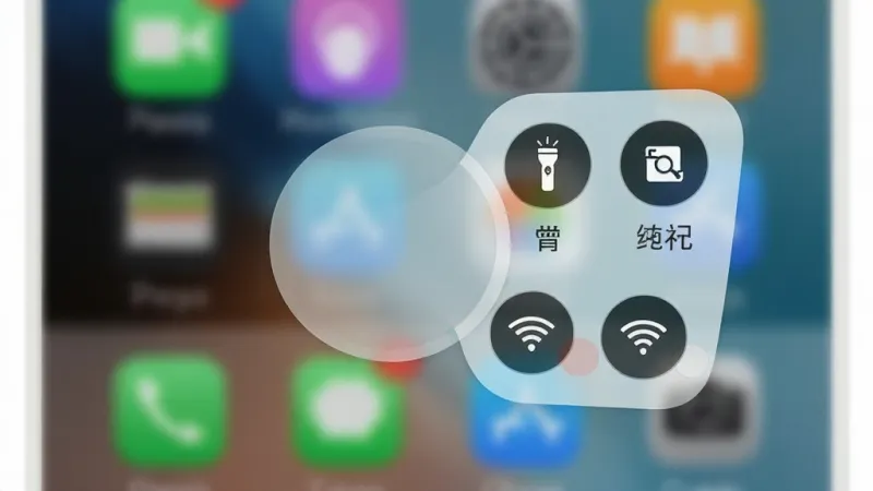 一张手机桌面截图,画面中有一个半透明的圆形悬浮球,悬浮球旁边展开几个快捷开关图标,包括手电筒、截屏、WiFi,背景是模糊的手机桌面壁纸,整体布局简洁,风格清爽,文字标签清晰,画质干净无多余元素