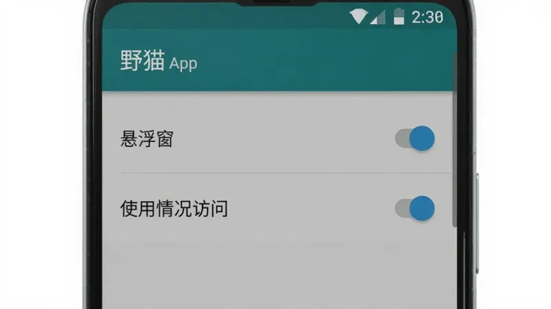 一张手机屏幕显示“野猫”app的权限管理页面,页面上有“悬浮窗”和“使用情况访问”两个权限选项,旁边有开关按钮,背景是安卓原生设置界面风格,布局清晰,文字标签明确,风格简洁,画质干净无多余元素