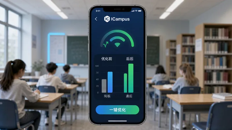 一张ICampus校园网络一键优化功能的手机界面展示图，手机屏幕上显示网络信号从弱变强的动态效果，顶部有ICampus标志，中间是优化前后的信号对比柱状图，底部是一键优化按钮，背景是教室或图书馆场景，风格简洁科技感，画质清晰，无多余元素