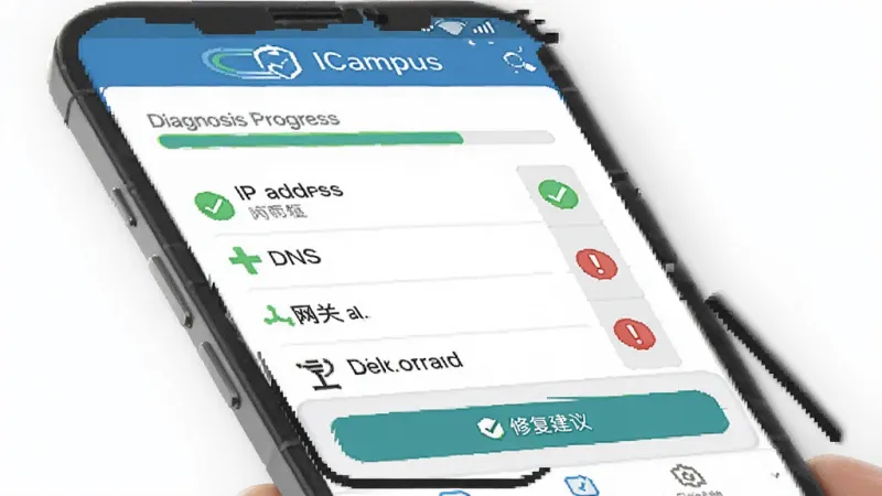 一张ICampus网络诊断功能的手机界面截图，手机屏幕上显示诊断进度条和检测结果列表，包括IP地址、DNS、网关等项目的状态图标，绿色对勾表示正常，红色感叹号表示异常，底部有修复建议按钮，顶部有ICampus标志，风格专业简洁，画质清晰，无多余元素