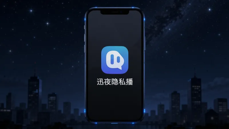 主体是一个深色磨砂质感的智能手机,屏幕中央显示着“迅夜隐私播”的图标和文字,背景是夜晚的星空与城市剪影,布局采用居中构图,排版简洁大气,风格偏向科技感与神秘感,细节上手机边缘有微弱的蓝色呼吸灯效果,画面干净无多余元素,画质为高清3D渲染。