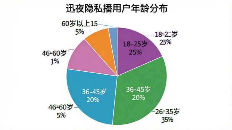 画面主体是一个饼状图,标题为“迅夜隐私播用户年龄分布”,图表分为五个扇形区域,分别标注“18-25岁 25%”、“26-35岁 35%”、“36-45岁 20%”、“46-60岁 15%”、“60岁以上 5%”,布局为图表居中,排版清晰,风格为扁平化数据可视化,细节上颜色区分明显,背景为白色,画质干净无多余元素。