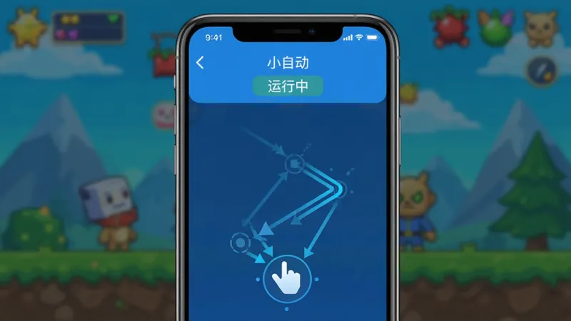 一张手机屏幕截图风格的概念图,画面中“小自动”APP正在运行,屏幕上方显示“运行中”状态,下方有自动点击的轨迹动画,背景是模糊的小游戏画面,整体色调偏科技蓝,风格简洁明快,画质清晰,无多余元素