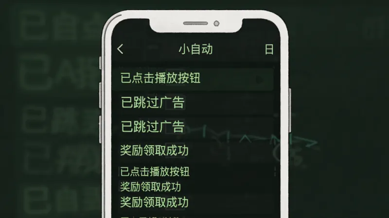 一张手机屏幕的示意图,画面中“小自动”APP的日志界面清晰可见,上面滚动显示着“已点击播放按钮”“已跳过广告”“奖励领取成功”等文字条目,背景为深色模式,文字为浅绿色,风格类似终端命令行,排版整齐,画质干净,无多余元素