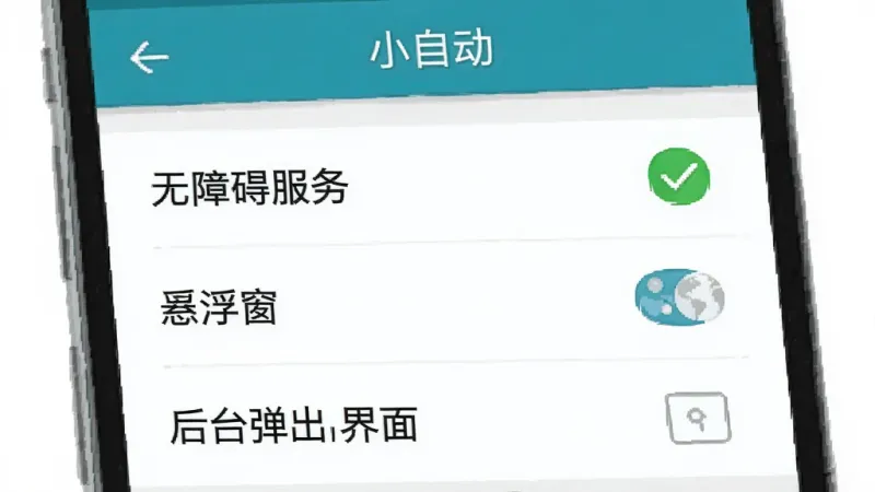 一张手机屏幕的截图风格示意图,画面中“小自动”APP的权限设置页面,显示无障碍服务、悬浮窗、后台弹出界面三个权限项,其中无障碍服务旁边有一个绿色的对勾标记,背景为白色,文字清晰,风格简洁,画质干净无多余元素