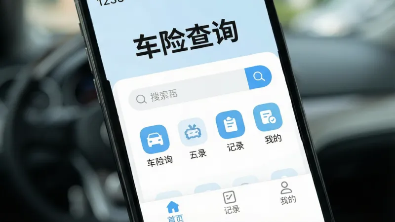 一张手机屏幕特写，画面中央是“123车险查询”APP的主界面，界面以干净的白色和浅蓝色为主色调，顶部有醒目的“车险查询”大字标题，中间是简洁的搜索框和几个功能入口图标，底部有“首页”“记录”“我的”三个选项卡，整体布局清晰，风格现代扁平，图标圆润，画质干净无多余元素，背景虚化处理，突出手机屏幕内容