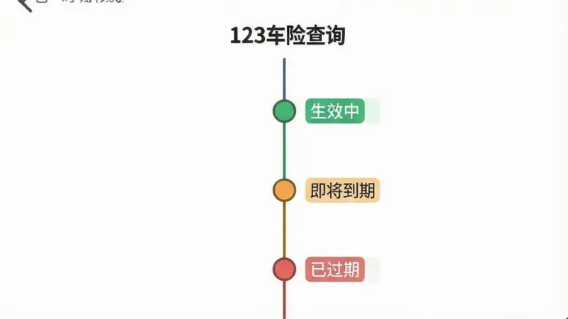 一张手机界面截图风格插画，画面展示“123车险查询”的时间轴视图页面，一条垂直的时间线从上到下排列，线上有不同颜色的圆点标记，旁边有“生效中”“即将到期”“已过期”的文字标签，背景为纯白色，风格极简，线条清晰，画质干净无多余元素