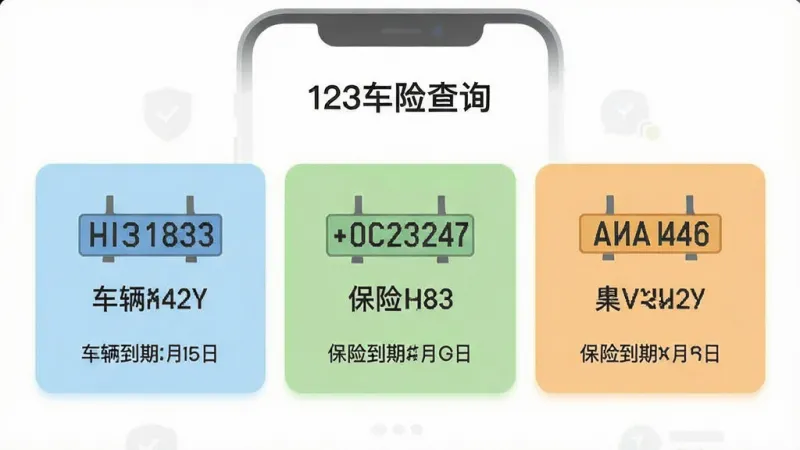 一张扁平化设计风格的手机界面展示图，画面中“123车险查询”APP界面上并排显示三个车辆档案卡片，每个卡片上有不同的车牌号简写和保险到期日，卡片颜色分别为浅蓝、浅绿、浅橙，界面布局整齐，风格统一，画质干净无多余元素