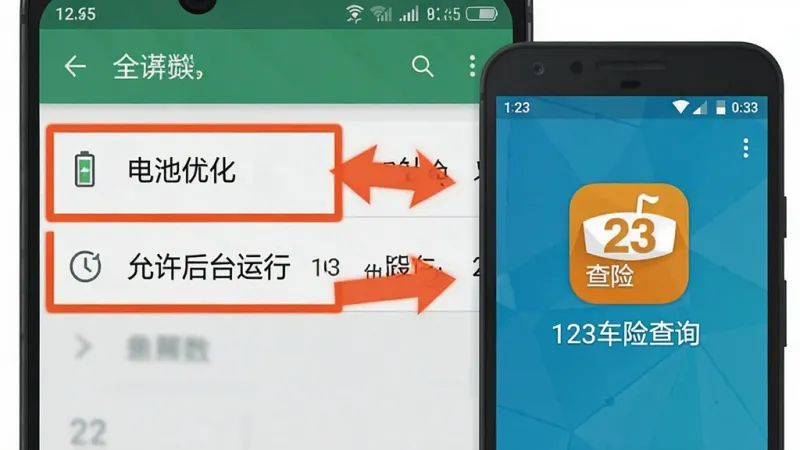 一张手机操作示意图，画面展示安卓手机的设置界面，高亮标注了“电池优化”和“允许后台运行”两个选项，旁边有箭头指向一个手机屏幕上的“123车险查询”图标，风格为扁平化教程插图，色彩鲜明，画质干净无多余元素