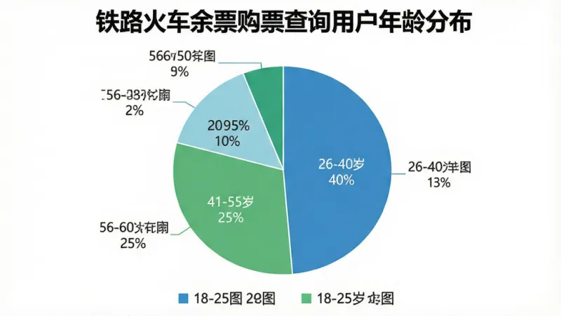 一张数据可视化图表,标题为“铁路火车余票购票查询用户年龄分布”。图表为饼状图,分为四个扇区:18-25岁占比25%,26-40岁占比40%,41-55岁占比25%,56-60岁占比10%。每个扇区用不同深浅的蓝色和绿色区分,扇区外侧标注年龄范围和百分比。背景为纯白色,图表下方有简单的图例说明。整体风格简洁专业,画质清晰无多余元素。