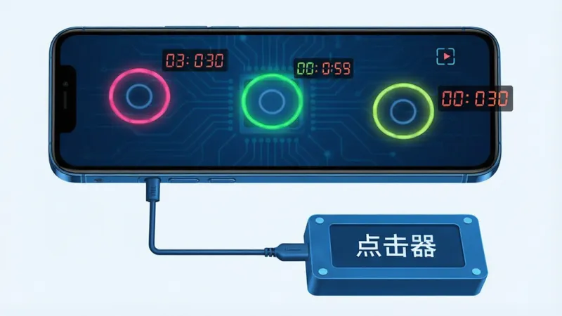 一张展示多点位同时点击功能的示意图,画面中手机屏幕上有三个不同颜色的光圈标记着三个位置,每个光圈旁边有数字倒计时显示,手机下方有连接线指向一个中央控制面板,面板上写着