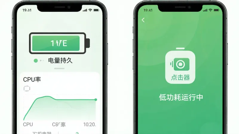展示手机电池和性能监控界面的示意图,画面中有电池图标显示电量持久,旁边有CPU占用率曲线处于低位平稳状态,界面中央有