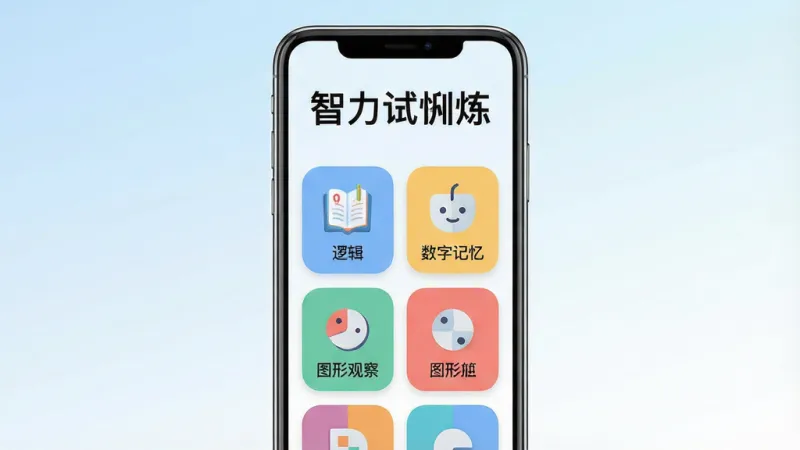 一张展示“智力试炼”手机应用主界面的图片，画面中央是一部竖屏手机，屏幕内显示应用首页，顶部有“智力试炼”四个大字标题，下方排列着逻辑推理、数字记忆、图形观察等训练模块入口，整体布局简洁清晰，背景为浅蓝到白色的渐变，风格现代扁平，图标圆润，画质干净无多余元素