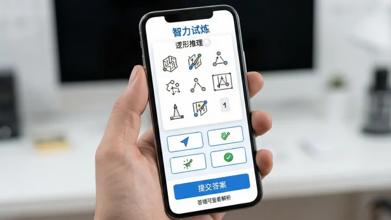 一张展示“智力试炼”逻辑推理答题界面的图片，画面中手机屏幕显示一道图形推理题，上方是题目图形阵列，下方有四个选项按钮，屏幕底部有“提交答案”按钮，旁边有小字提示“答错可查看解析”，界面配色以白色和蓝色为主，风格清爽简洁，画质干净无多余元素