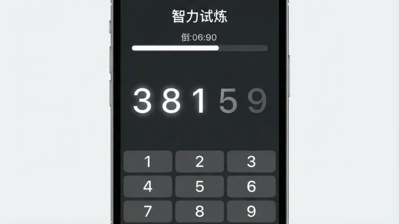 一张展示“智力试炼”数字记忆挑战界面的图片，手机屏幕中央显示一串数字“3 8 1 5 9”，数字正在逐渐淡出，屏幕上方有倒计时进度条，下方是数字键盘输入区域，整体界面背景为深灰色，数字为白色高亮，风格极简，画质干净无多余元素