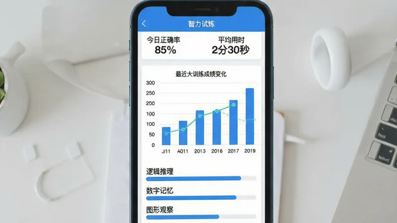 一张展示“智力试炼”训练数据统计页面的图片，手机屏幕上方显示“今日正确率 85%”和“平均用时 2分30秒”，中间是一个柱状图展示最近七天的训练成绩变化，底部有“逻辑推理”“数字记忆”“图形观察”三个分类的进度条，界面配色为蓝白搭配，风格现代扁平，画质干净无多余元素
