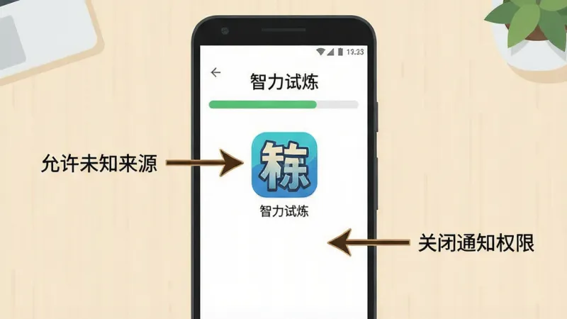 一张展示安卓手机安装“智力试炼”过程的示意图，画面中手机屏幕显示安装进度条和“智力试炼”应用图标，旁边有箭头标注“允许未知来源”“关闭通知权限”等操作提示，背景为浅色桌面，风格扁平化，画质干净无多余元素