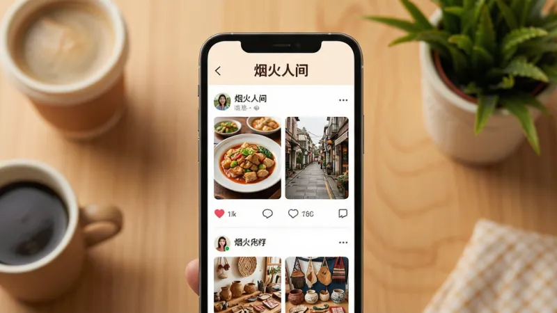 一张展现“烟火人间”应用核心全貌的手机界面截图，画面中央是一部现代智能手机，手机屏幕上显示着“烟火人间”社区的信息流页面，页面顶部有“烟火人间”的文字标识，信息流中包含普通用户分享的美食、街景、手工艺品等生活照片，每个帖子下方有简单的点赞和评论图标，手机背景是温馨的暖色调，周围散落着一些生活化的小物件如咖啡杯、绿植，整体布局简洁清晰，风格温暖治愈，细节丰富，画质干净，无多余元素