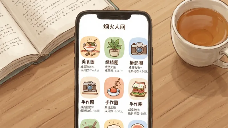一张“烟火人间”应用内兴趣圈子页面的手机截图，画面中手机屏幕显示着多个兴趣圈子的入口图标，包括“美食圈”、“绿植圈”、“摄影圈”、“手作圈”等，每个图标设计圆润可爱，配有相应的插画元素，圈子下方有简短的成员数和最新动态预览，手机背景是木质桌面，旁边放着一本翻开的书和一杯茶，整体布局整齐，风格温馨手绘风，细节柔和，画质干净，无多余元素
