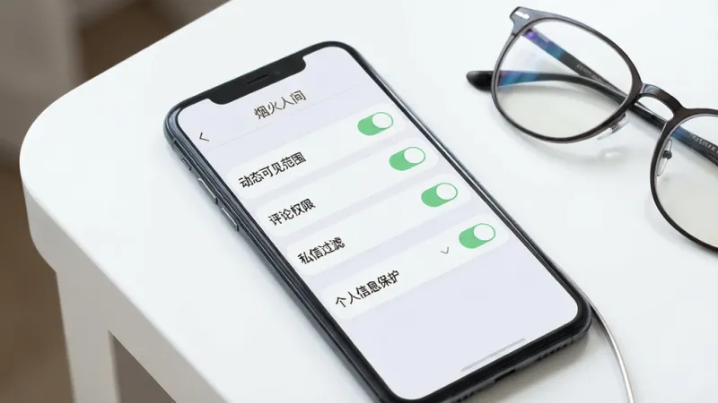 一张“烟火人间”应用隐私设置页面的手机截图，画面中手机屏幕显示着隐私设置选项列表，包括“动态可见范围”、“评论权限”、“私信过滤”、“个人信息保护”等条目，每个条目旁边有简洁的开关按钮或下拉菜单，界面以浅色为主，顶部有“烟火人间”的小字标识，手机放置在一张干净的白色桌面上，旁边有一副眼镜，整体布局清晰，风格简约现代，细节圆润，画质干净，无多余元素