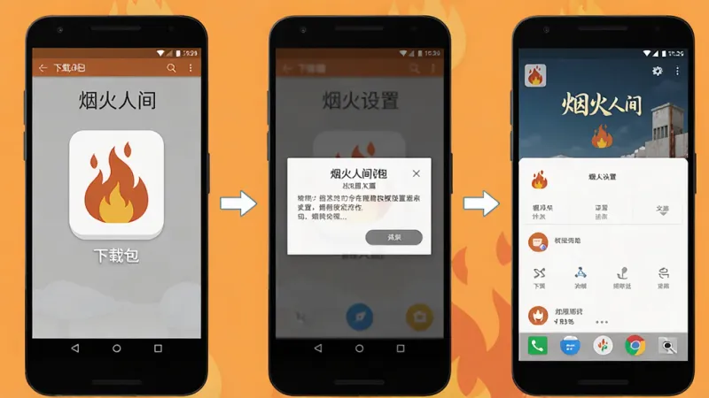 一张展示“烟火人间”应用在安卓手机上安装和权限设置流程的示意图，画面分为三个部分，左侧是下载安装包的界面，中间是权限设置弹窗，右侧是应用主界面，每个部分都有简洁的箭头连接，图中包含“烟火人间”的文字标识，整体布局清晰，风格扁平化信息图，细节干净，画质清晰，无多余元素