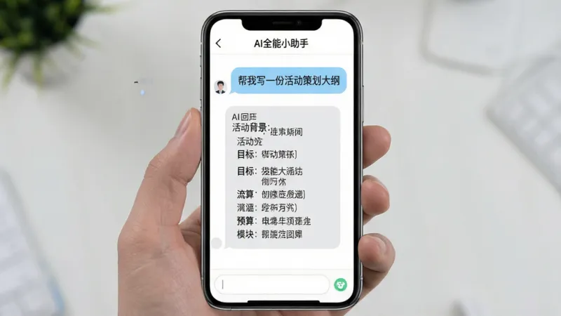 AI全能小助手智能对话界面截图,手机屏幕显示一段用户与AI正在对话,用户提问“帮我写一份活动策划大纲”,AI回复内容排版整齐,分点列出活动背景、目标、流程、预算等模块。界面以白色为底,对话气泡为浅蓝色和浅灰色,顶部显示“AI全能小助手”名称,底部输入框简洁。整体风格清爽,画质干净,文字清晰可读,无多余装饰元素。