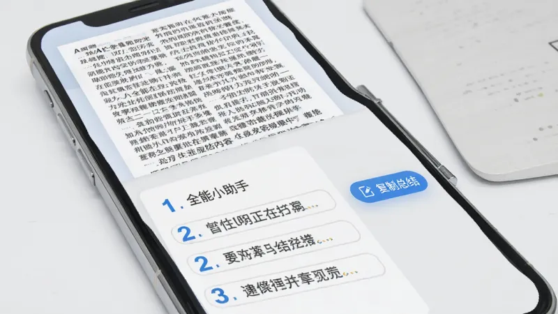 AI全能小助手内容总结功能示意图,画面展示一部手机屏幕,上方是一篇长文章的缩略图,下方是AI生成的总结要点列表,用数字标注一、二、三。界面右侧有“复制总结”按钮。整体风格商务简洁,以浅灰色和蓝色为主,文字清晰,布局干净,无多余元素,画质清晰。