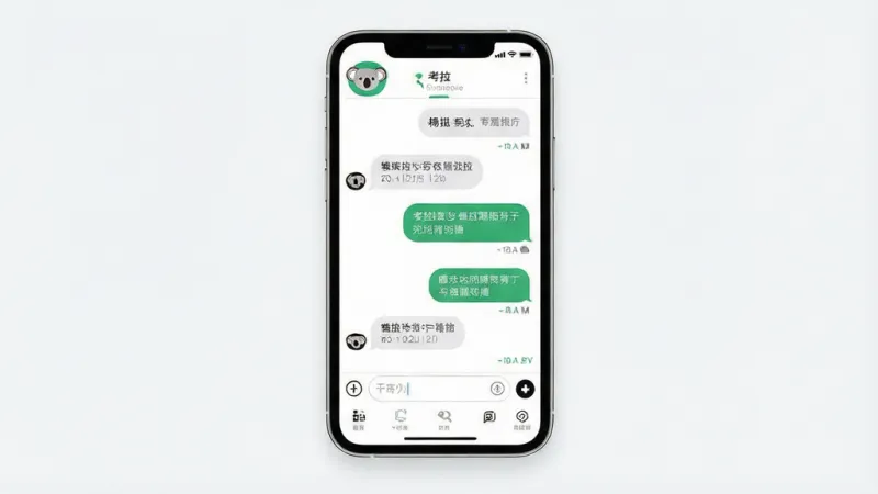 一张展示考拉考拉手机应用主界面的详细生图，主体是悬浮在画面中央的智能手机，屏幕内显示考拉考拉APP的对话界面，左上角有可爱的考拉头像logo，界面布局简洁，顶部是对话历史，中间是聊天气泡，底部是输入框和功能按钮，排版清晰，风格为现代扁平化设计，细节上气泡圆润、图标精致，画质干净明亮，无多余元素。