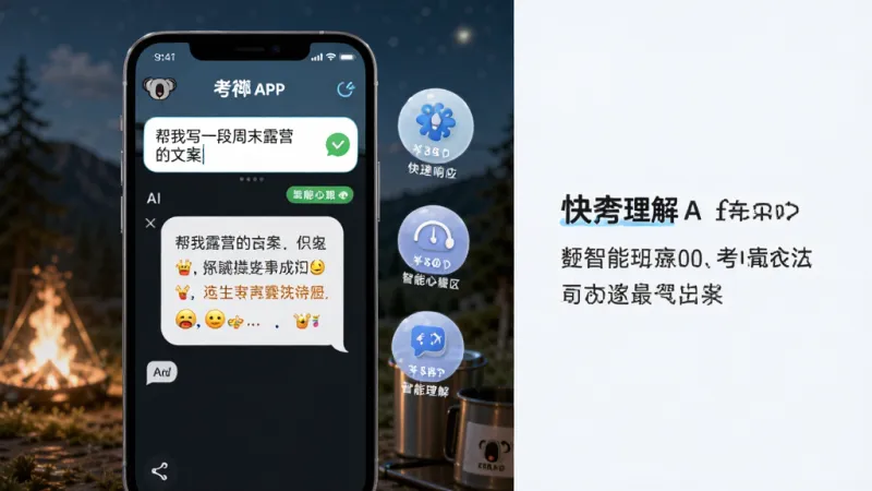 画面中央是一部手机，屏幕上显示考拉考拉APP的智能对话界面，用户输入框里写着“帮我写一段周末露营的文案”，下方是AI生成的回复气泡，气泡内有文字和表情符号，手机旁边漂浮着几个代表“快速响应”和“智能理解”的小图标，整体布局为左右分栏，左侧是手机主体，右侧是简洁的说明文字，风格偏向科技感与可爱风的结合，细节上考拉logo清晰可见，画质干净无多余元素。