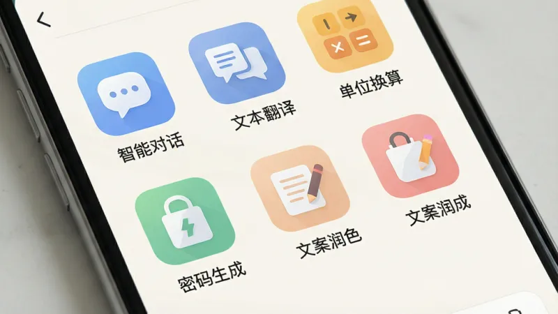 一张展示考拉考拉APP功能列表页的生图，画面主体是手机屏幕，屏幕内以网格形式排列着“智能对话”“文本翻译”“单位换算”“密码生成”“文案润色”等图标，每个图标下方有对应的文字标签，界面背景为浅色，图标风格统一为圆角扁平化设计，整体布局清晰有序，风格清爽简约，细节上图标颜色柔和，画质干净无多余元素。