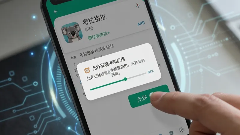 一张展示考拉考拉APP在安卓手机上安装过程的生图，画面主体是手机屏幕特写，屏幕上显示“允许安装未知应用”的系统弹窗和考拉考拉的安装界面，安装进度条走到一半，手机旁边有一只手正在点击“允许”按钮，整体布局为手机居中，周围有轻微的科技感光效，风格写实偏科技，细节上安装界面文字清晰，画质干净无多余元素。